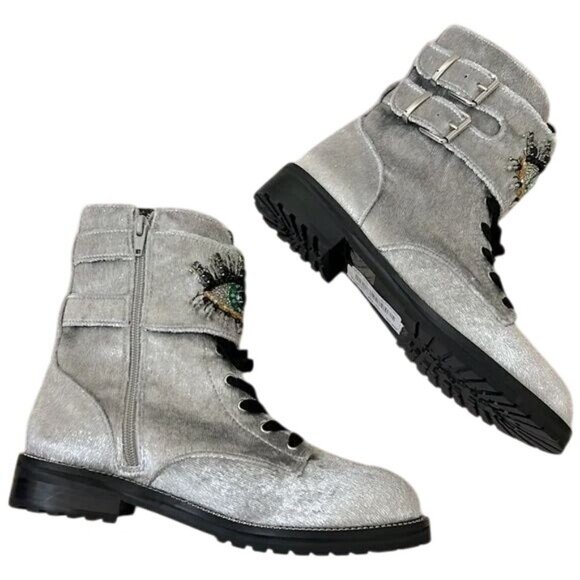 Kurt Geiger London Sutton Silver Velvet Leather Eye Embellished Combat Boots 10 - Picture 4 of 8
